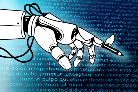 graphic of a robotic hand with a pencil for a finger